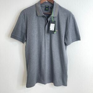Hugo Boss Luxury Cotton Polo Shirt Men’s Large Gray Gold Logo Regular Fit NWT